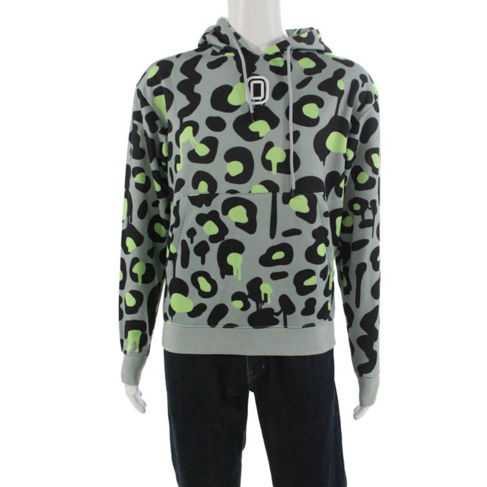 Overtime Mens Pullover Hoodie Gray Leopard Print Polyester Drawstring Size S
